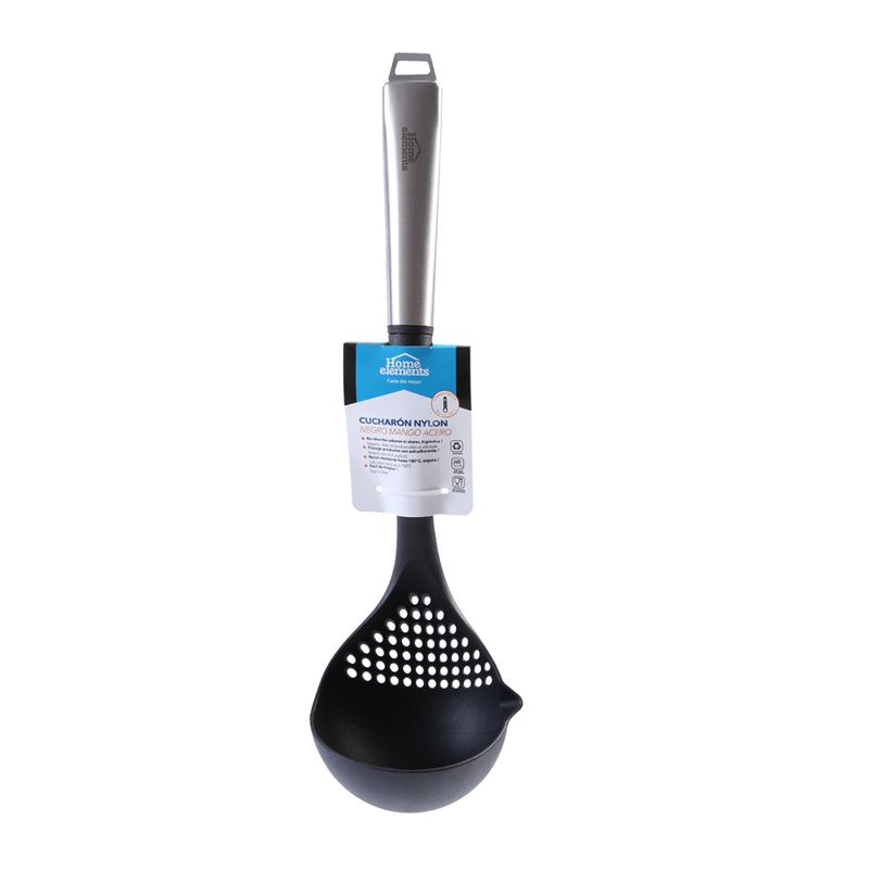 Cucharon Nylon Negro Mango Acero Home Elements