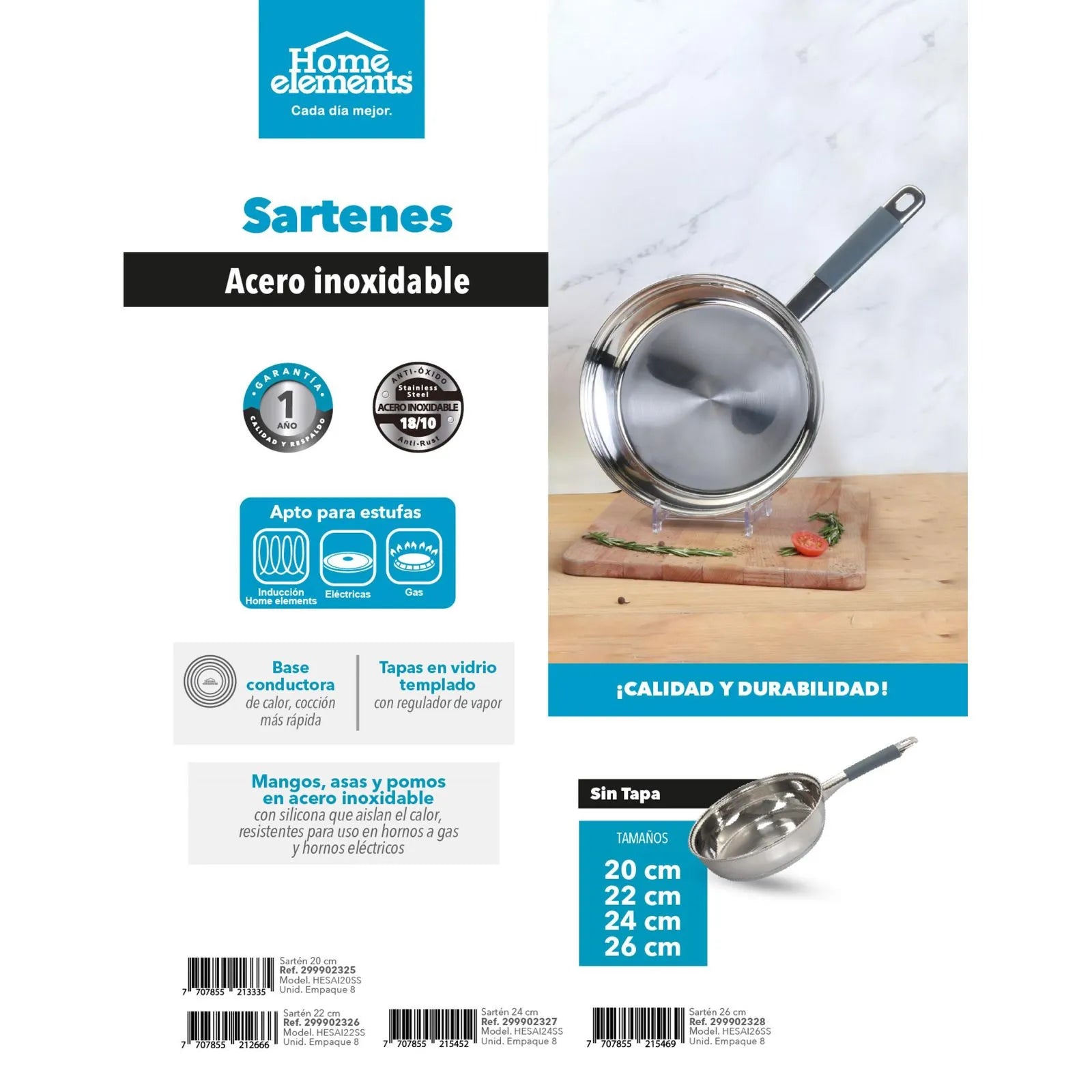 Sartén 24cm Acero Inoxidable con Tapa de Vidrio Home Elements