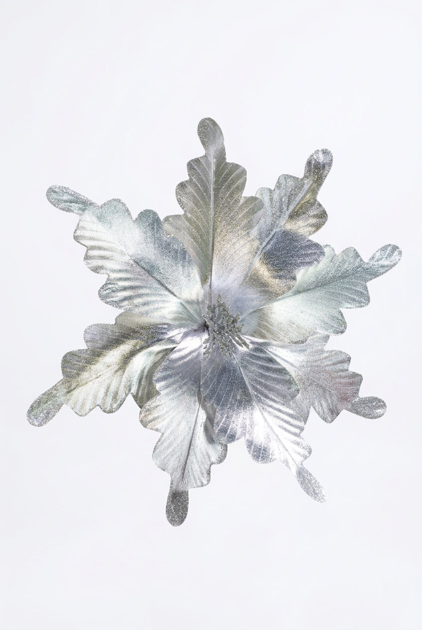 Flor Artificial Navideña Plata Metalizada 42 cm 8 Pétalos