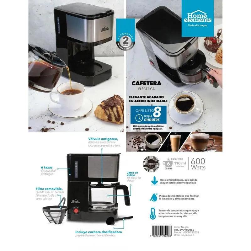 Cafetera Home Elements 6 Tazas Negra con Jarra de Vidrio