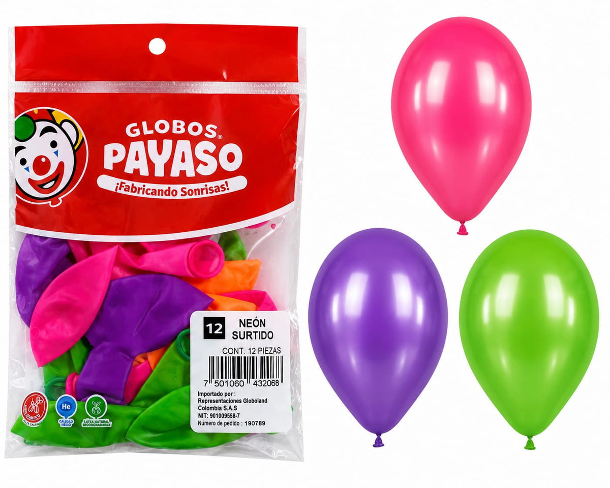 Globos Payaso R-12 Neon Surtido 12 Piezas