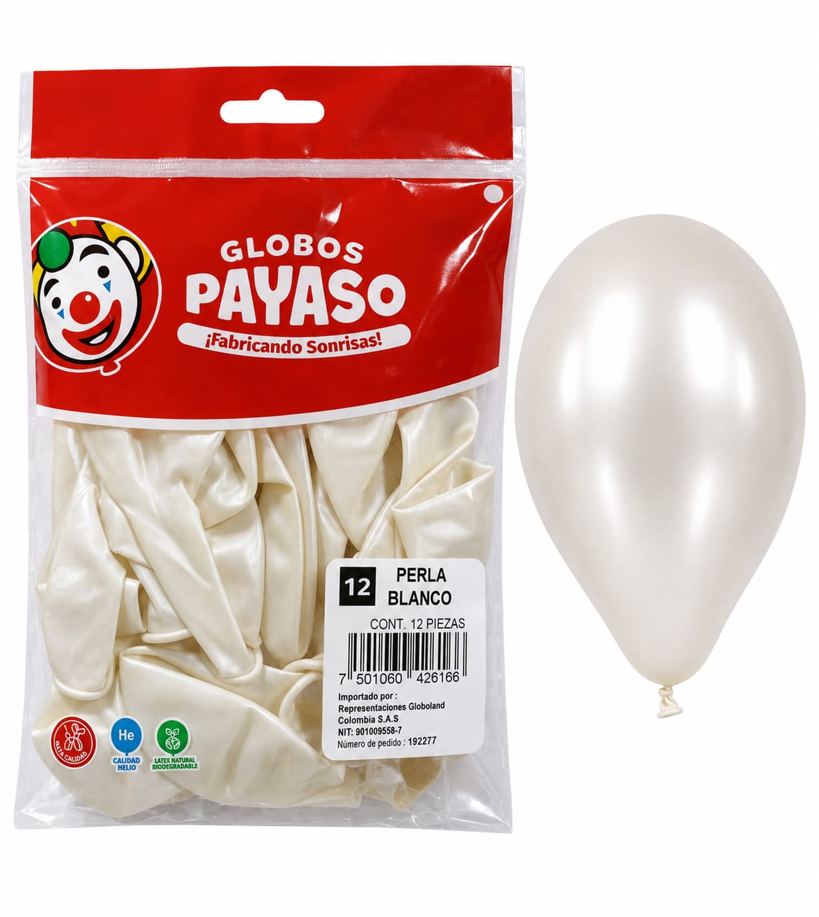 GLOBOS PAYASO R-12 PERLA BLANCO 12 PIEZAS