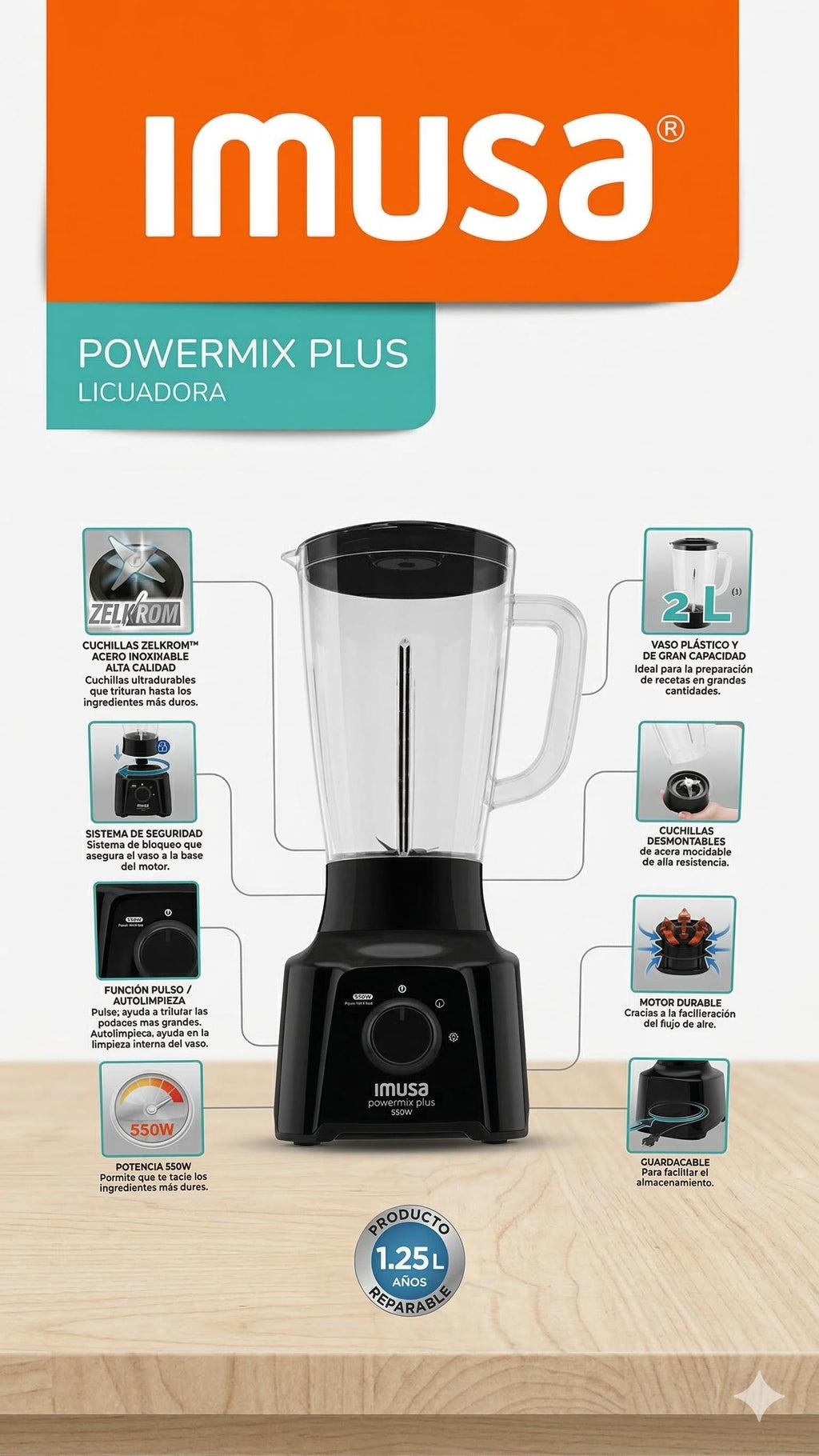 Licuadora Imusa Power Mix Plus 550W 2 Velocidades