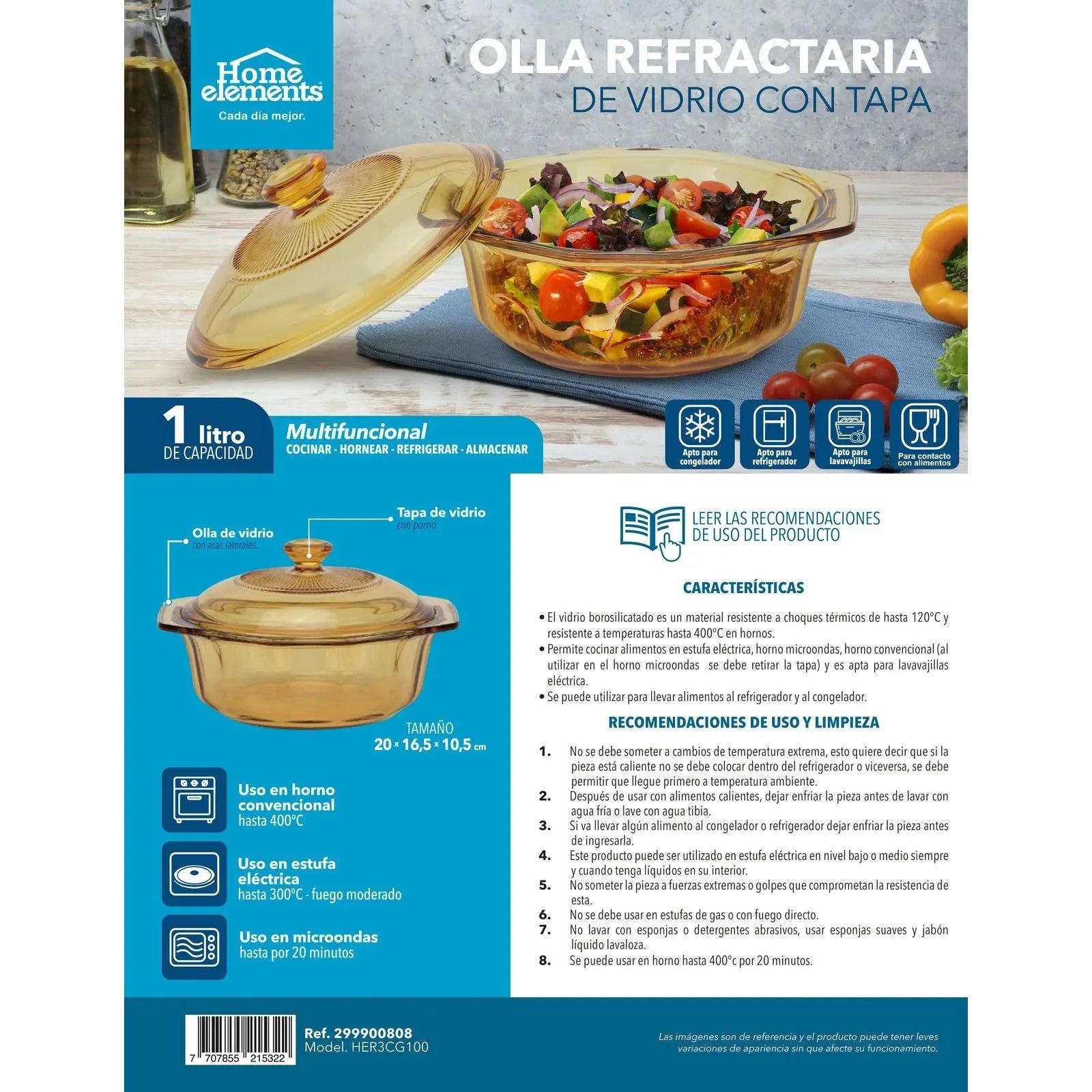 Olla Refractaria de Vidrio 1 Litro con Tapa Home Elements