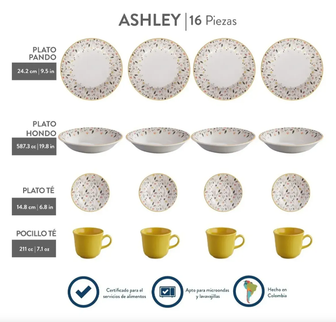 VAJILLA ASHLEY 16 PIEZAS 4 PUESTOS CORONA