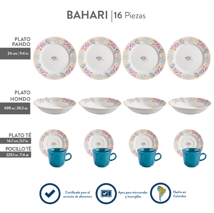 VAJILLA BAHARI 16 PIEZAS 4 PUESTOS CORONA