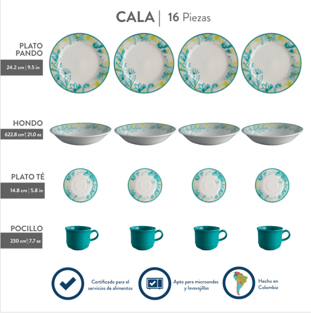 VAJILLA CALA 16 PIEZAS 4 PUESTOS CORONA
