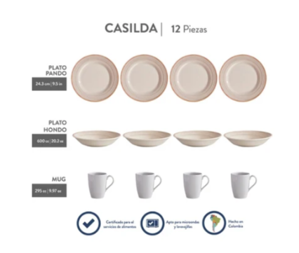 VAJILLA CASILDA 12 PIEZAS 4 PUESTOS CORONA